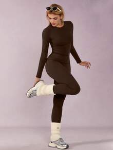 1 Set Women Elastic Tight Fit Thermal Lined Lifting Waist Long Sleeve Pants Sports Suit - Brown - View 7