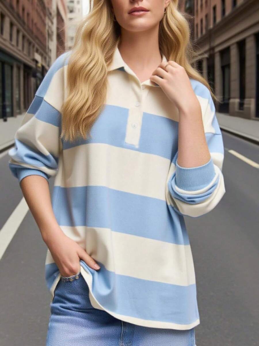 Rugby Shirt Women Striped Collared Long Sleeve Polo Shirts Oversized Color Block Sweatshirt Vintage Pullover Top - Màu xanh lam - Xem 1