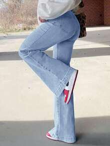 Womens Flare Bell Bottom Jeans Stretchy High Waisted Bootcut Denim Pants Fall With Huge Pockets - màu xanh nhạt - Xem 2