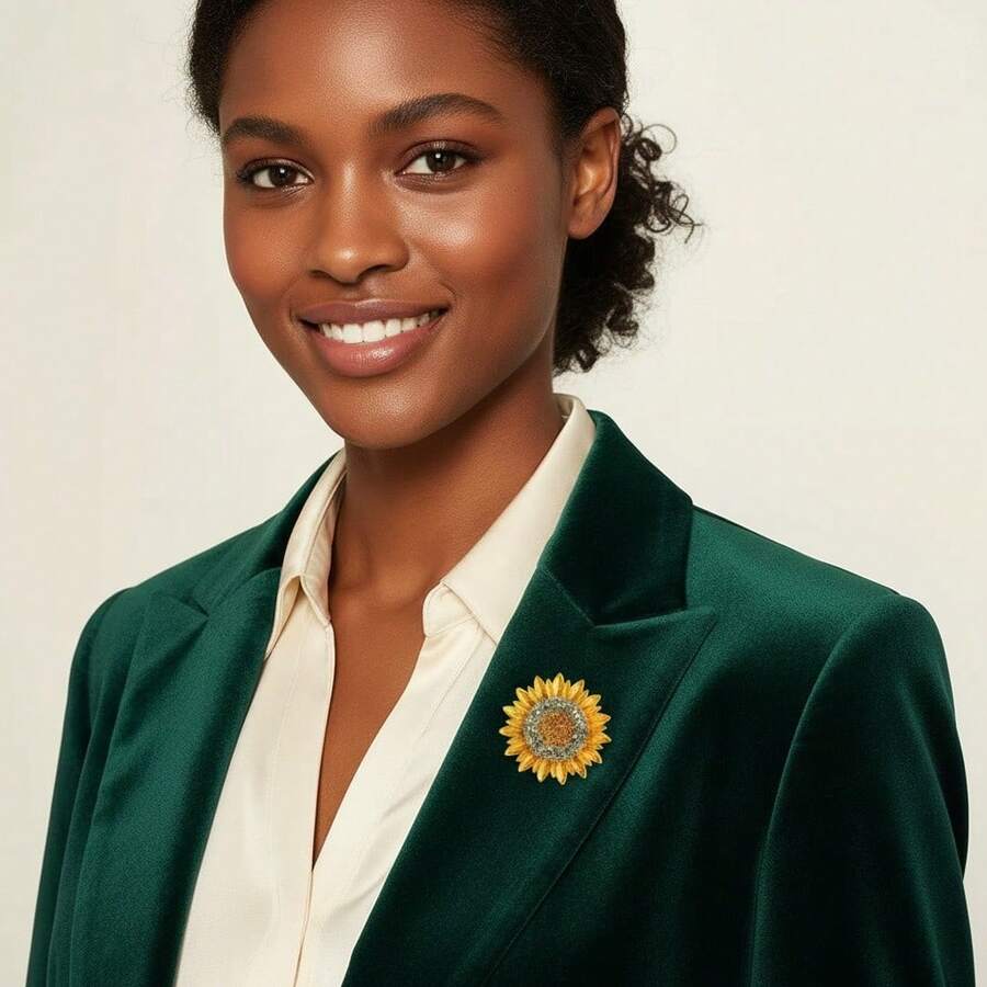 Broche de girasol para mujer con diseño con cristales y enchapado en oro, perfecto para uso casual y formal