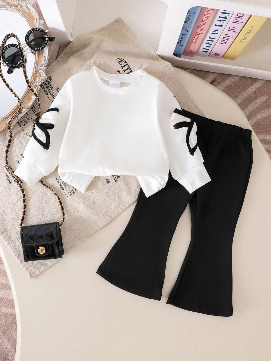 2pcs Baby Girls Casual Outdoor White Long Sleeve Sweatshirt + Black Pants Set, Autumn/Winter - Black and White - View 1