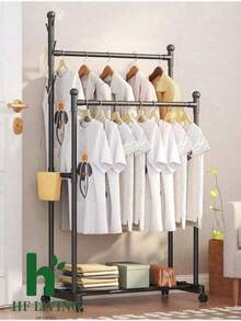 Perchero de ropa de doble varilla PARA COLGAR , CON RUEDAS, perchero de metal independiente con estante para zapatos y ganchos laterales, organizador de ropa resistente para dormitorio y uso doméstico. - Multicolor - Ver 5