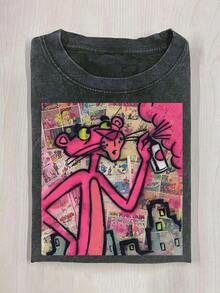 Abstract Pink Leopard Art Print, Vintage Washed Cotton T-Shirts, Y2K Style, American Street Style, Can Be Worn By Men And Women - 黑色 - 查看 6