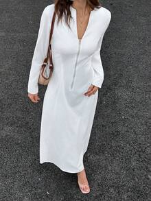 Unadoll Women's Round Neck Half Open Zipper Elegant Dress Dress, Suitable For Dates, Vacations, Music Festivals, Back To School,Christmas