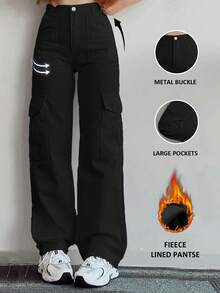 Y2K风格女式纯色直筒宽松休闲工装裤，春夏度假休闲裤，返校季长裤 黑色 - 黑色 - 查看 4