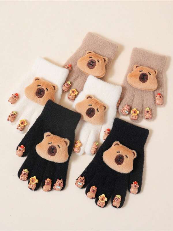 Cute Winter Gloves For Women, Decorated With Adorable Capybara Design, Comfortable And Warm For Autumn/Winter, Fingerless, Suitable For Cycling, Great Gift Option, Winter Christmas Small Gift, Holiday Decor Warm Gloves