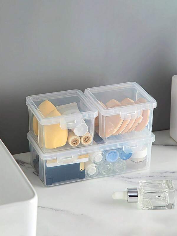 1PC Clamshell Type Travel Cosmetics Storage Box, Transparent Large Capacity Storage Box, 6 Different Specifications Can Be Selected, Beauty Egg Eye Shadow Disk, Makeup Brush, Facial Cleanser, Makeup Remover, Face Cream, Soap And Other Storage Boxes, Travel Necessities, Rectangular Dust-Proof Clamshell Type Storage Box, Suitable For Bedroom, Bathroom, Dormitory Travel