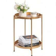 Round Side Table With 2-Tier Storage Modern Metal End Table With Removable Tray Small Coffee Table For Living Room Bedroom Balcony Patio - Gold - View 3