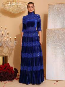 新款复古花卉刺绣镂空设计法兰绒长款连衣裙，高领长袖修身褶皱性感礼服，适合婚礼、派对、正式场合穿着。 - 藍色 - 查看 8