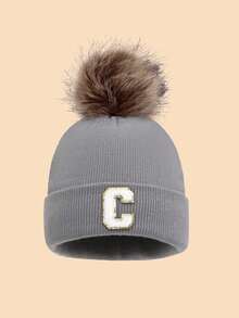 1pc Unisex 26 Letter Decor Faux Fur Pom Pom Knit Beanie Hat, Versatile Warm Windproof Casual Cap, Suitable For Autumn/Winter Outdoor Wear, Great Gift Men Women Clothing Winter