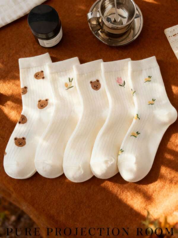 TEDDYISLAND Christmas Teddy Mid-Calf Socks Woman Christmas Teddy Mid-Calf Socks Woman Women's Mid-Calf Socks With Cute Teddy Bear Embroidery - White Kawaii Socks For Daily Wear, Home Leisure & Student Outfits