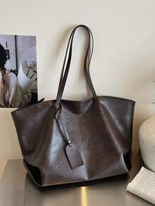 时尚简约大容量撞色拉链开合女士手提包，休闲百搭，适合日常使用、通勤、工作、学校、学习 - 咖啡 - 查看 5