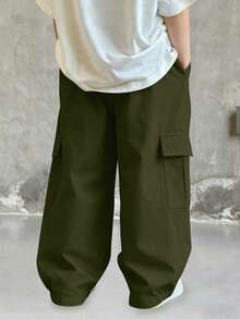 1 件年轻男孩时尚百搭休闲舒适街头时尚通勤学校假期日常防尘柔软多口袋直筒工装裤，春夏秋冬