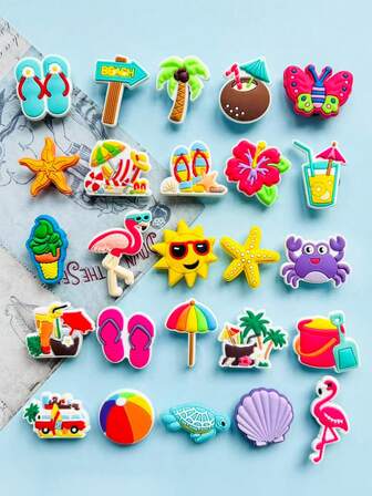 25 st. sommarkollektion i strandstil, skodekorationer med strandsemestertema, skoberlocker, fantasifulla PVC-gör-det-själv-skodekorationer, lämpliga för sommarfester och födelsedagspresenter, kreativa skodekorationer i gatustil, perfekta gör-det-själv-tillbehör - perfekta jul- och födelsedagspresenter, skoberlockdekorationer, med flip-flops, flamingos, sjöstjärnor, moderiktiga glasögon och tropiska mönster