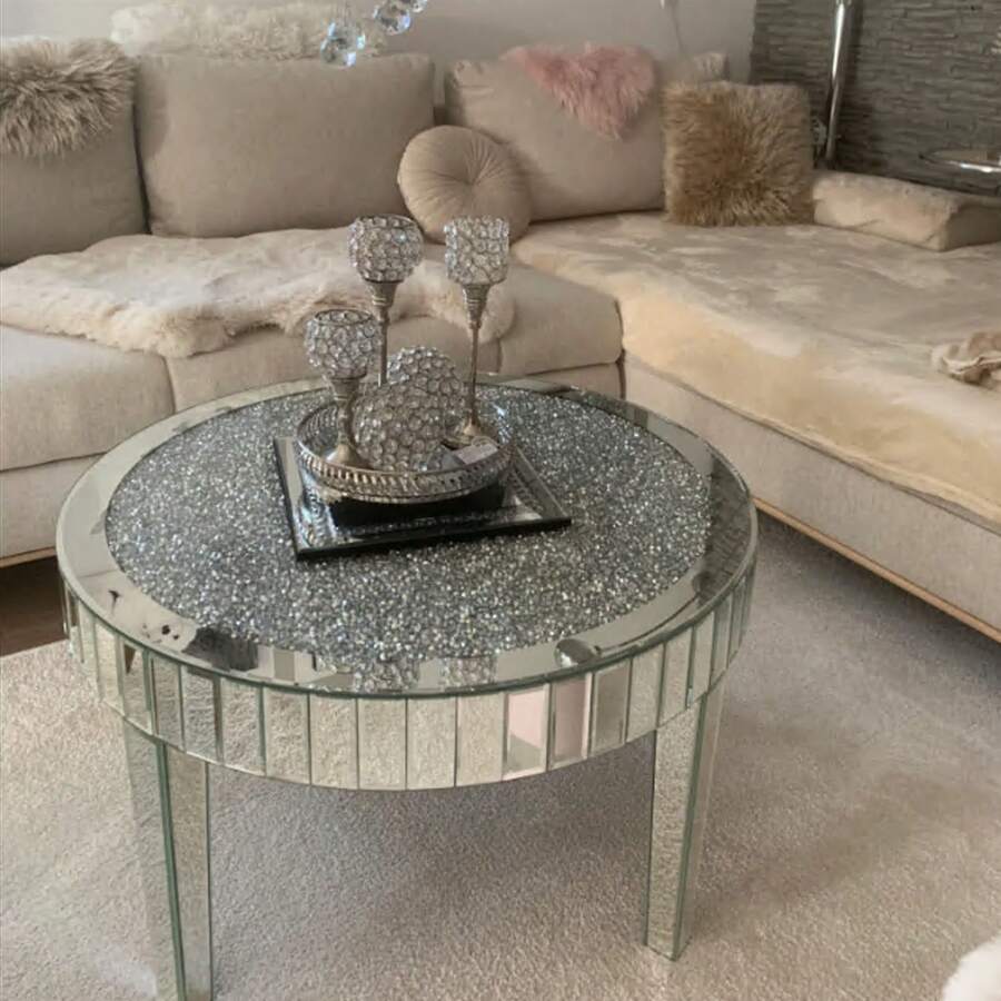 80cm Round Coffee Table Mirrored Glass Center Table With Shiny Crushed Crystal Diamonds