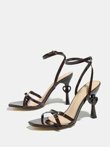Women's Classic Fashion Buckle Decor Small Square Toe Heart-Shaped Stiletto High Heel Sandals, Soft Texture Mirror Surface Material, Ankle Strap, Suitable For Christmas, All Seasons, Night Party, Banquet, Shopping, Dating, Gift, Avant-Garde Sexy Luxurious Style, Coffee Brown High Heels To Match Autumn Women's Wear,Spring Summer Outfits - Coffee Brown - View 6