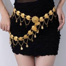 1pc Metal Bohemian Vintage Coin Waist Chain For Women, Adjustable Dress Waist Belt With Butterfly And Flower Tassels, Suitable For Daily Wear, Vacation, And Travel - X514-22橢圓五顆流蘇金色 - 查看 1