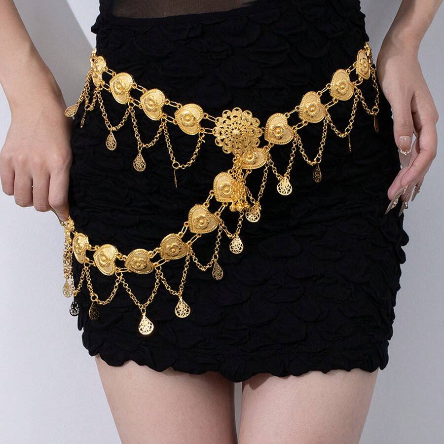 1pc Metal Bohemian Vintage Coin Waist Chain For Women, Adjustable Dress Waist Belt With Butterfly And Flower Tassels, Suitable For Daily Wear, Vacation, And Travel - X514-22橢圓五顆流蘇金色 - 查看 1