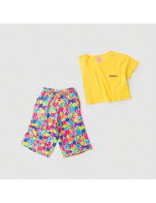 Conjunto Infantil Verão Feminino Pantalona Faella Florido - Amarelo - Amarelo - Visão 3