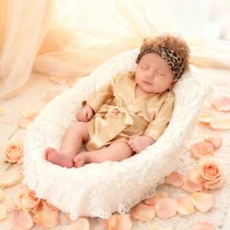 2pcs Baby Bathrobe & Headband Set - Silky Gold Foil Bathrobe + Fashionable Leopard Print Headband, Newborn Baby Shower Gift, Ins Style Baby Bathrobe Set, Newborn Photo Prop