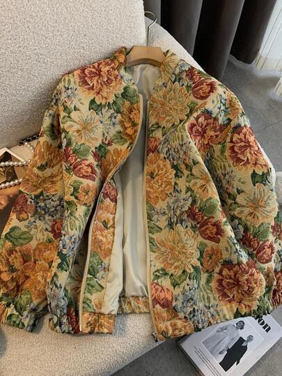 All-Over Floral Print Pocket Zipper Women's Vacation Coats