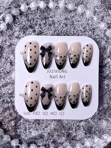 10 Pieces Of Handcrafted Press-On Short Nails, French Tips, False Nails, Black Nails, Brown Nails, Silver Nails, Blue Nails, Cat's Eye Nails, Polka Dot Nails, Cute Nails, Hand-Painted 3D Five-Petal Flowers And Water Ripple Gel French Tips, 3D Cross And Bow Decorations On The Nail Surface, With Nail Art Tools, Quick-Attach And Detachable Almond-Shaped Press-On Nails.