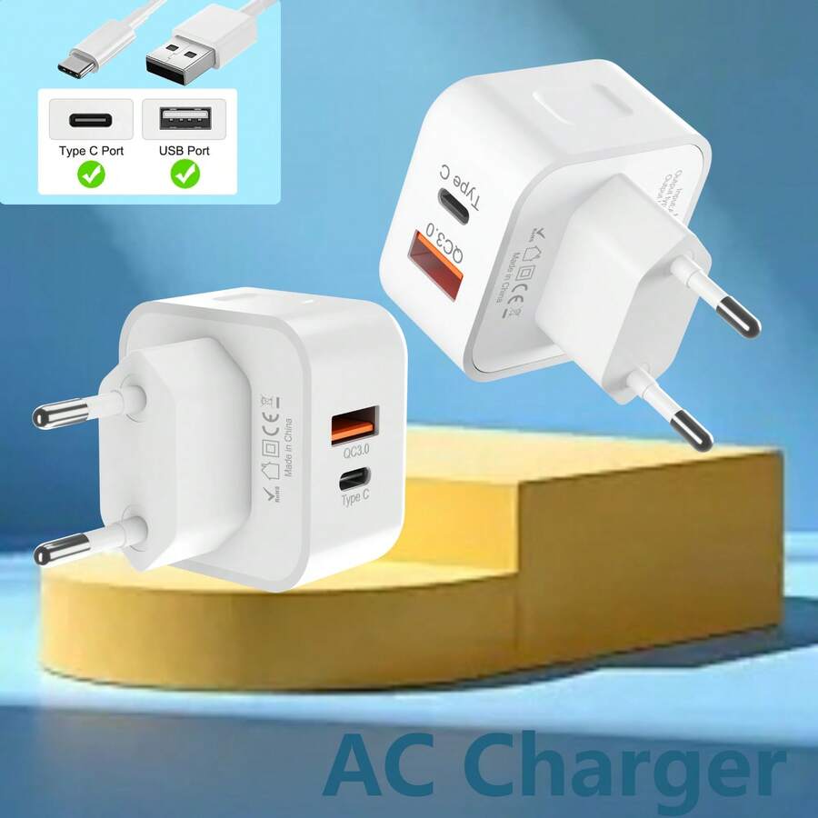 Enchufe USB-C de 20W, compatible con carga rápida de Apple, enchufe estándar europeo, compatible con Galaxy S25 S24 S23, compatible con 16/15 pulgadas, admite carga rápida, cargador de pared con puerto dual USB-A+C (incluye 2 cables de carga y 1 cargador) - Enchufe EU Tipo C(220-240V) - Ver 1