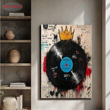  Basquiat-Inspired Graffiti Crowned Vinyl Record Street Art Canvas Painting - Urban Music Wall Decor Poster, Bold Black White Blue Red Abstract Art Print For Living Room, Bedroom, Office, Framed Ready-To-Hang Holiday Gift, Home Decoration, Modern Home Decorators, 2D Flat - 黑與白 - 查看 2