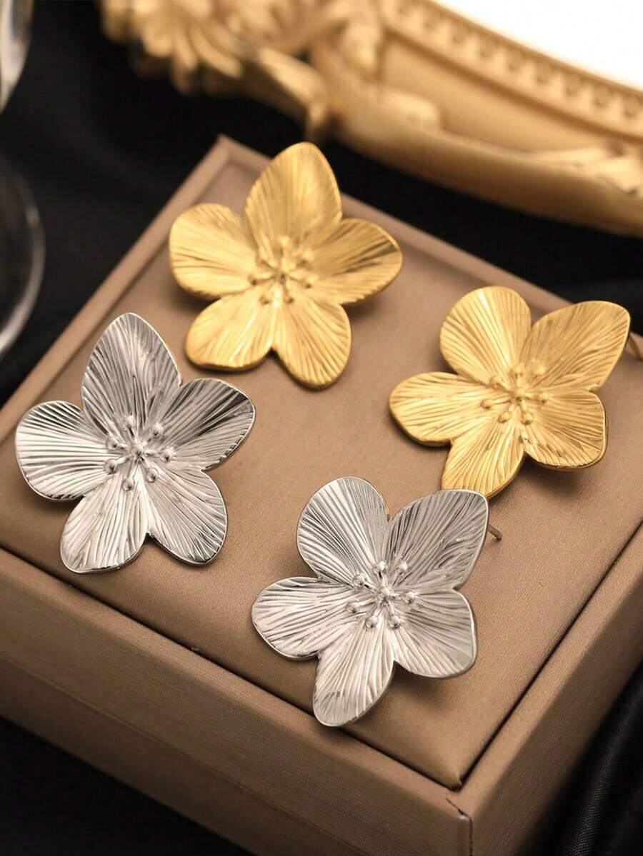 1 pereche cercei vintage din oțel inoxidabil cu motive florale, aur de 18K, cadou modern pentru femei, la modă și impermeabili - Cercei Stud - Vizualizare 1