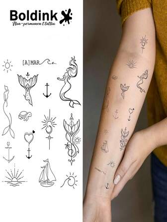  Boldink 临时纹身贴纸 - 极简主义鱼尾线临时防水纹身贴纸，适用于手臂和手部，持久 1-2 周，草本纹身