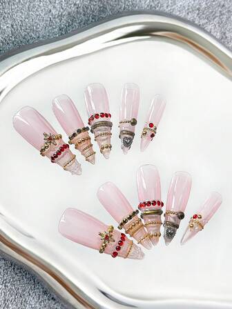 Ultralånga 45 mm stilettnaglar, franska handgjorda press-on-naglar med flerfärgade kedjor, strass och guldpärlor, gradient ombre, kreativa handmålade 3D-mönster och år 2000-färgblockerande design - heltäckande konstgjorda DIY-glitterlösnaglar för fester, klubbar, resor, strand, vardagskläder, festivaler, bröllop, arbetsevenemang och speciella tillfällen - 10 st/påse