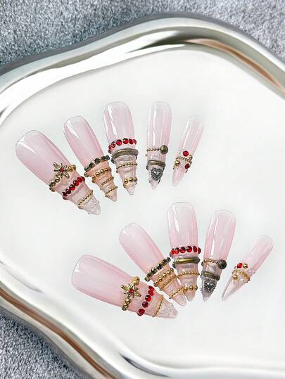 超长 45 毫米细高跟指甲法式手工按压指甲，带有多色链条、水钻和金珠装饰、渐变色、创意手绘 3D 图案和 Y2K 色块设计 - 全覆盖人造 DIY 闪光假指甲，适合派对、俱乐部、旅行、海滩、日常穿着、节日、婚礼、工作活动和特殊场合 - 10 件/包