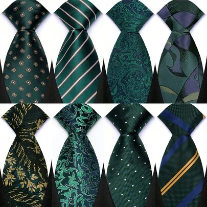 GOADAFOO 8cm New Men's Tie Dark Green Printed Fashion Classic Polyester Stripes Polka Dot Floral Necktie For Designer Business Wedding Accessory Gift