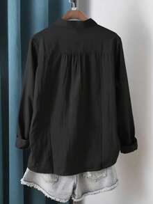 女士优雅纽扣衬衫，舒适涤纶面料，褶裥细节，长袖立领，常规长度衬衫 - 黑色 - 查看 6