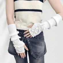 Handmade Bowknot Half-Finger Gloves For Women, Knitted Woolen Gloves, Fashionable Ballet Style Arm Warmers With Ribbon, Suitable For Autumn And Winter - Nơ ruy băng màu kem - Xem 8