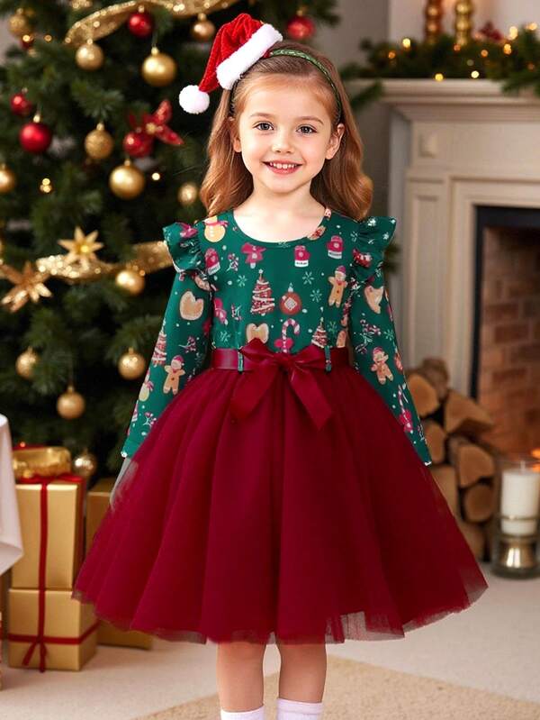 Christmas Hat, Bow, Snowflake & Christmas Tree Print Mesh Patchwork Dress With Belt For Young Girls