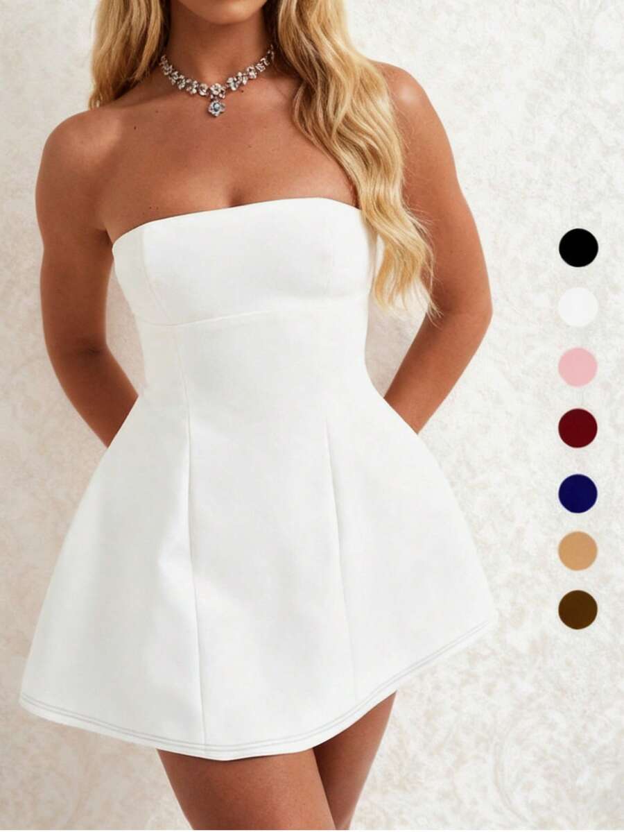 WOWDARK Women's Summer Strapless A-Line Dress, White, Fashionable Elegant Party Dress Suitable For Valentine's Day, Dates, Gatherings, Parties, Travel, Vacation, Beach And Other Occasions - White - View 1