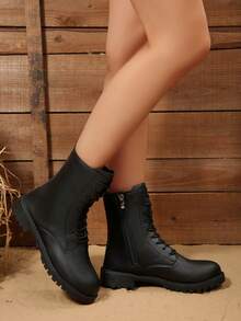 Mira Footwear 女士加大码时尚复古系带侧拉链踝靴，休闲舒适拉链户外系带中筒靴，百搭假日必备秋冬靴 - 霧面黑色 - 查看 3