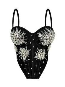 Fashion Faux Pearls And Sequins Detail Sparkle Christmas Party Cami Top - Black - View 2