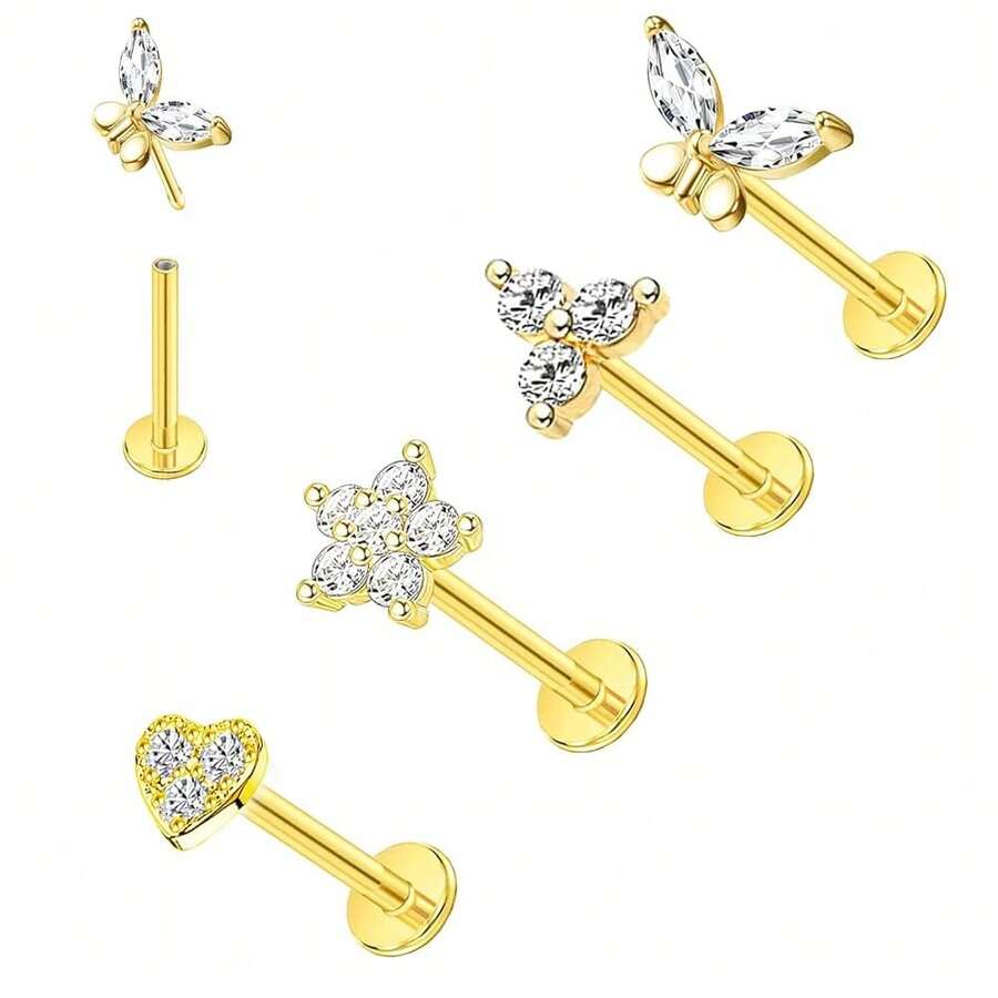 2~4PCS 16G 316L Pushin Lip Rings Butterfly And Bee Nose Stud Rings Top Push In Threadless Surgical Steel Flat Back Nose Rings Studs For Womens{"Color_name":"Color8"} - Color8 - View 1