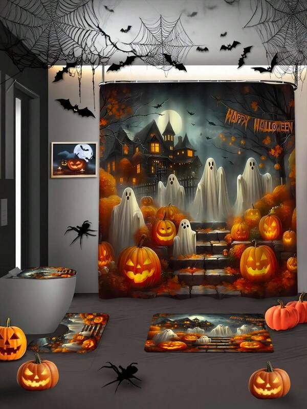 UME Halloween Themed Shower Curtain Set With 12 Hooks - Water-Resistant Polyester Fabric, Machine Washable, Includes Non-Slip Bath Mat, Toilet Seat Cover And U-Shaped Rug - Knit Weave Cartoon Ghosts And Pumpkins Design For Bathroom DecorChristmas Decor