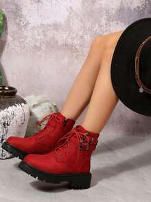 Winterliche Dicksohlen Plateau-Absatz Modische Damen High Heels Große Größen mit Schnürung, Seitlichem Reißverschluss, Einfachem Riemen-Schnallenverschluss, Modischer Studentischer College-Stil Damen Stiefel - Rot - Übersicht 1