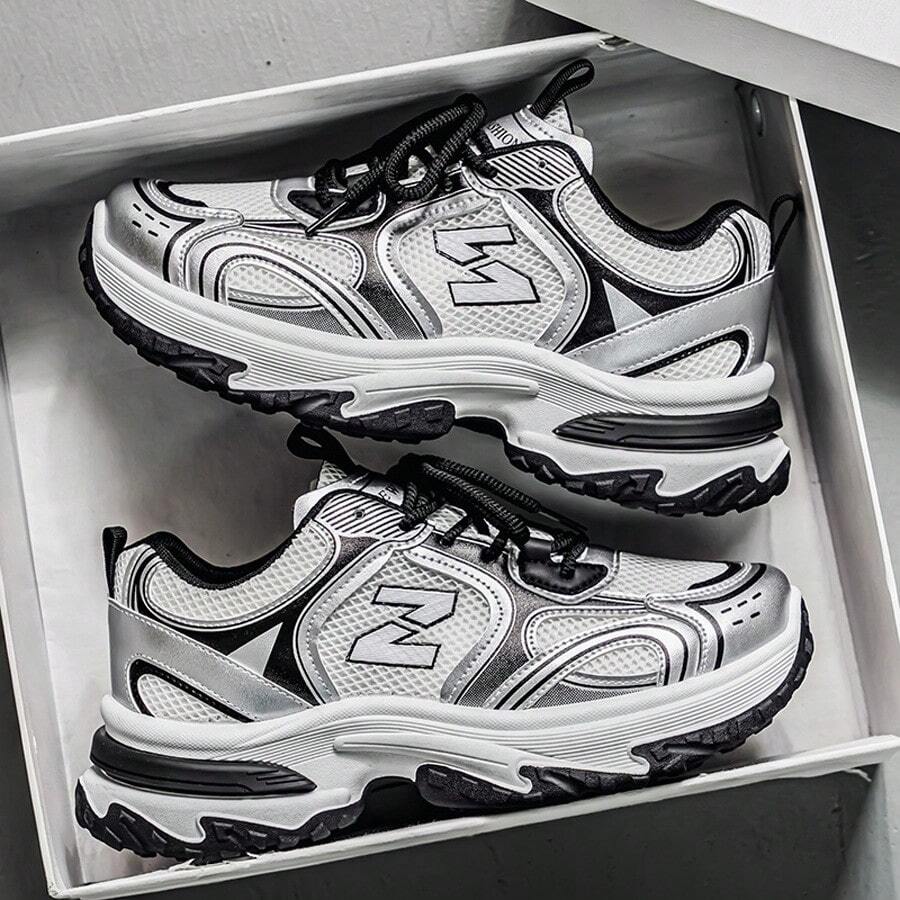 New Men's Fashion Casual Shoes, Comfortable Versatile Men's Sneakers, Thick Sole Casual Shoes/Sneakers, Available In Silver, Gray, Beige, Size 39-44, Perfect With Sports Jeans Look - Silver - View 1