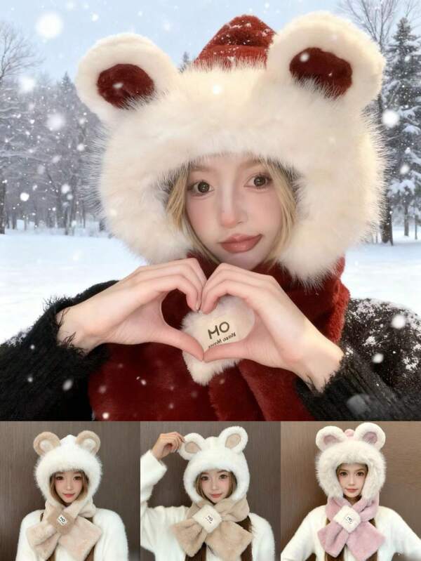 Süßer kleiner Bären Hut und Schal in einem, Damen Herbst und Winter neue vielseitige, dicke, warme und kälteresistente Reit-Plüschschal, Mädchen Cartoon Outdoor Festival reguläre gestrickte Mütze