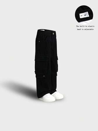 Young Boy Beige Wide Leg Cargo Jeans, Multi-Pocket Versatile Adjustable Waist Denim Workwear Pants, Back To School