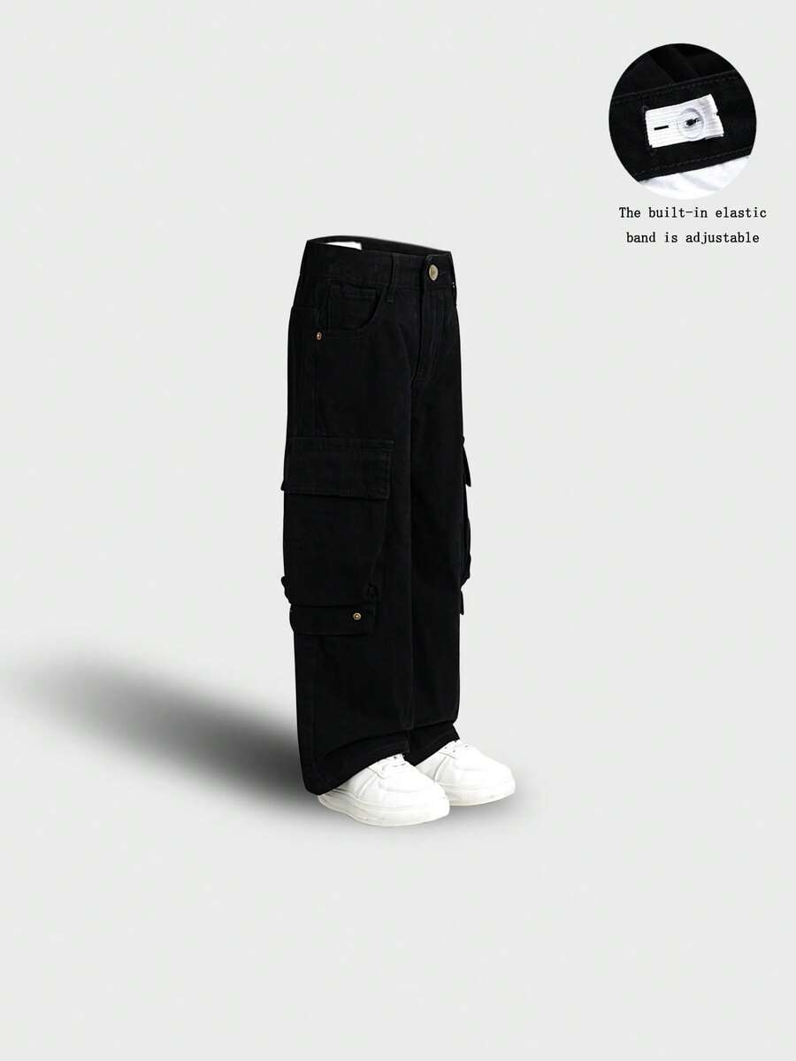 Pantalones vaqueros cargo de pierna ancha beige para niño, pantalones de trabajo de mezclilla versátiles con múltiples bolsillos y cintura ajustable, de vuelta al colegio