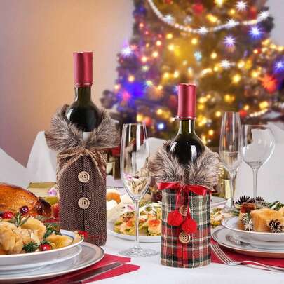 1/2 Pieces Christmas Sweater Plaid Bottle Covers With Faux Fur Collar And Button Coat Design For Xmas Party Decorations Valentine's Wedding Party Decoration, Santa Bottle Jacket ,Bottles Sweater Decorations ,Holiday Champagne Bottles Gift Holde