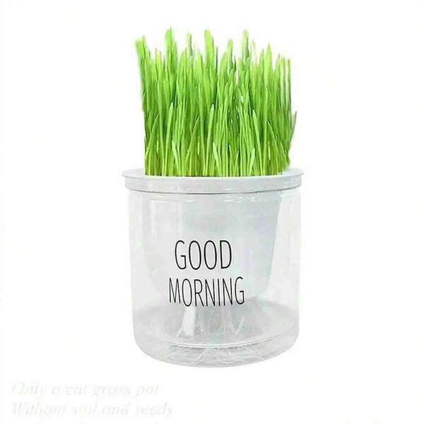 1pc Automatic Self-Watering No-Soil Cat Grass Planter With "Good Morning" Label, Indoor Plant Self-Watering Pot, & Easy To Clean Growth Tracking Tool, Pet-Friendly Home Decor - White