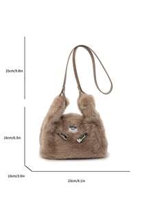 女士蓬松托特包，大容量，2025年秋冬新品，独特毛茸茸单肩斜挎包 - 杏色 - 查看 9