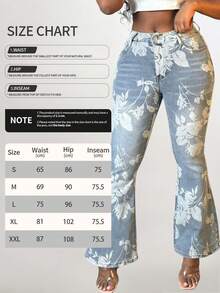 Women's Fashionable Retro Printed Micro Flared Jeans, High Waisted Elastic Loose Wide Leg Flared Pants, Women's Jeans And Clothing - Rửa nhẹ - Xem 7